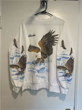 VTG ‘91 EUC Cal Pacific SzXL Alaska Eagle AOP Arm Print Crew Neck USA Sweatshirt
